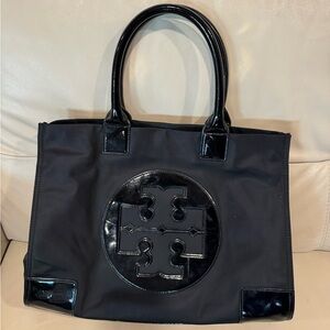 Tory Burch patent canvas large tote bag